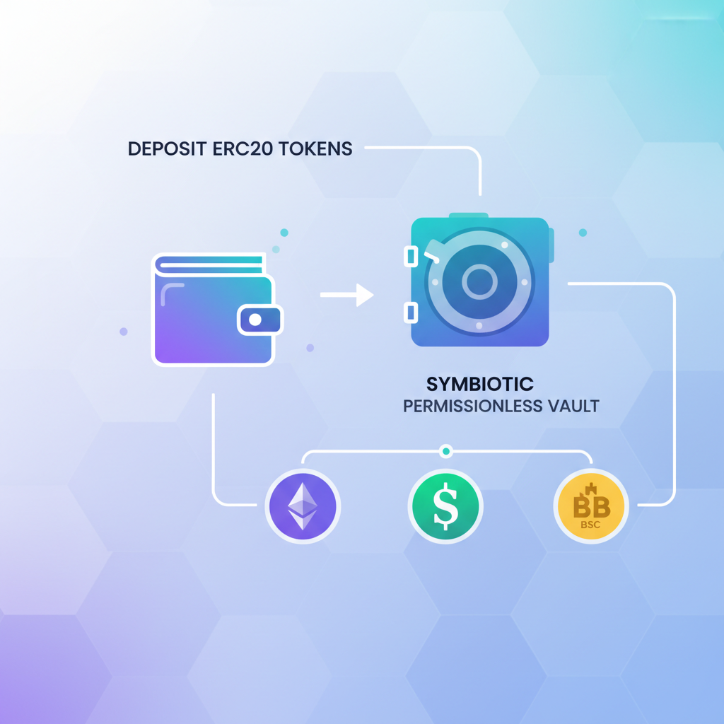 wallet depositing ERC20 tokens into symbiotic permissionless vault UI, multichain ethereum solana bsc icons, clean futuristic dashboard