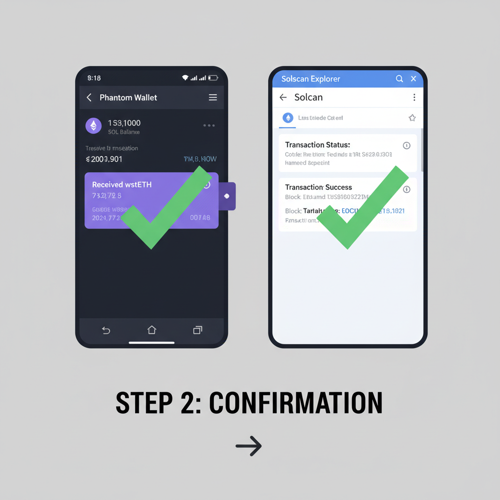 solana phantom wallet showing received wsteth, solscan explorer open, green checkmarks