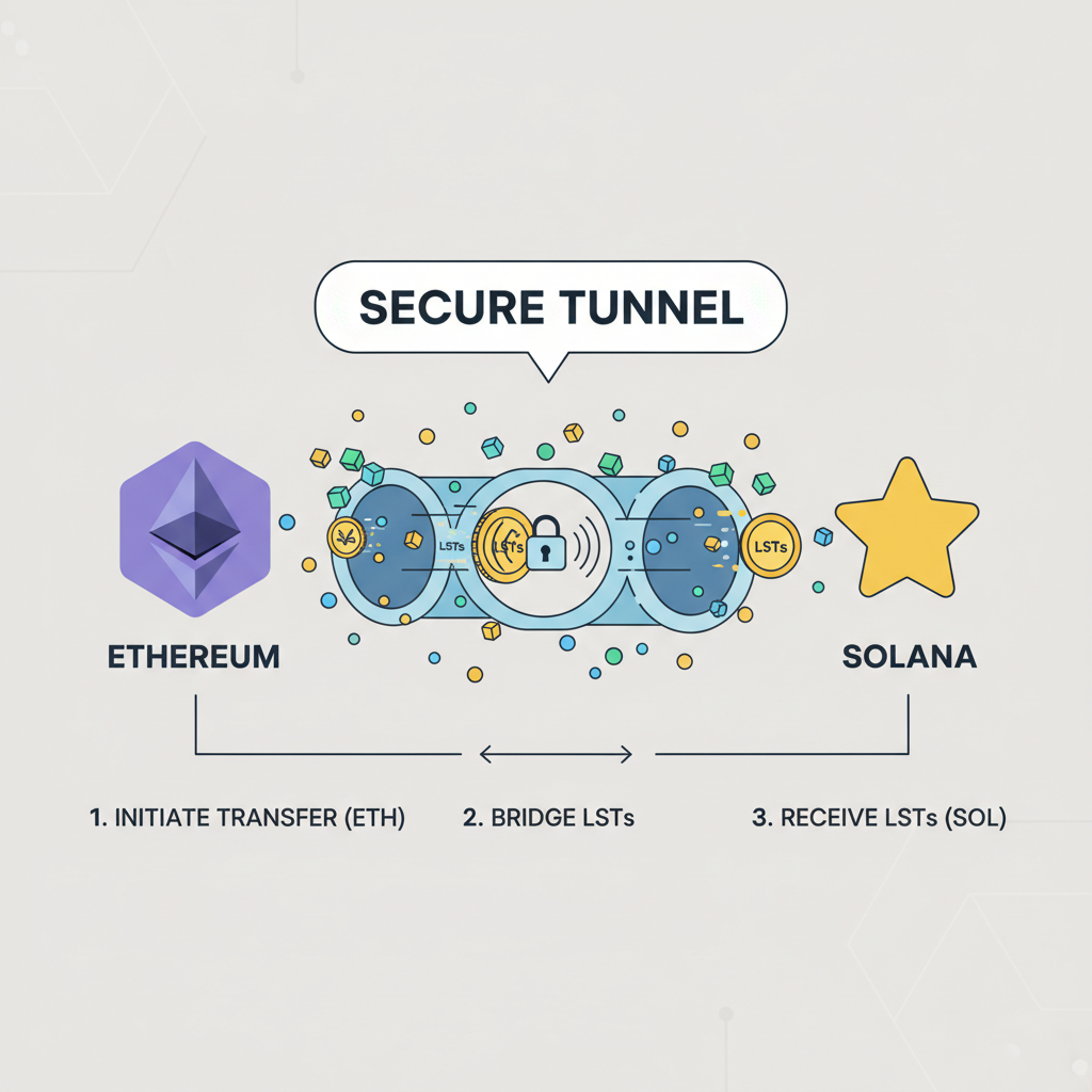 cross-chain bridge Ethereum Solana LST transfer secure tunnel, glowing particles