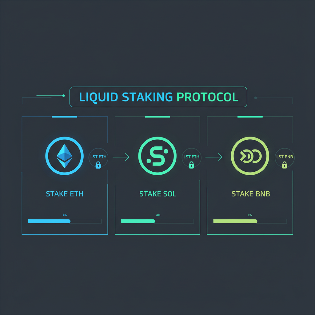 clean dashboard staking ETH SOL BNB to LSTs, blue green tones, futuristic UI --ar 16:9