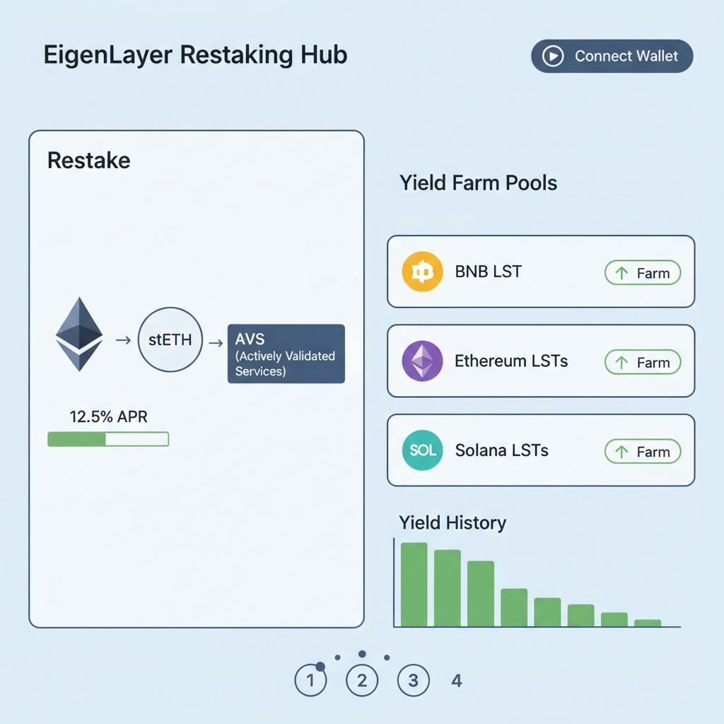 EigenLayer dashboard restaking stETH in AVS, yield farm pools with BNB Ethereum Solana LSTs