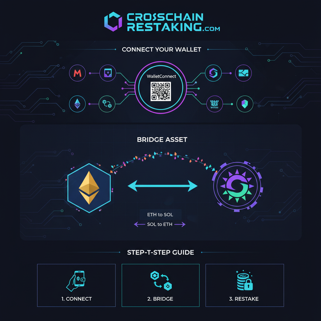 sleek website interface of crosschainrestaking.com, wallets connecting via WalletConnect, Ethereum to Solana bridge visualization, cyberpunk style