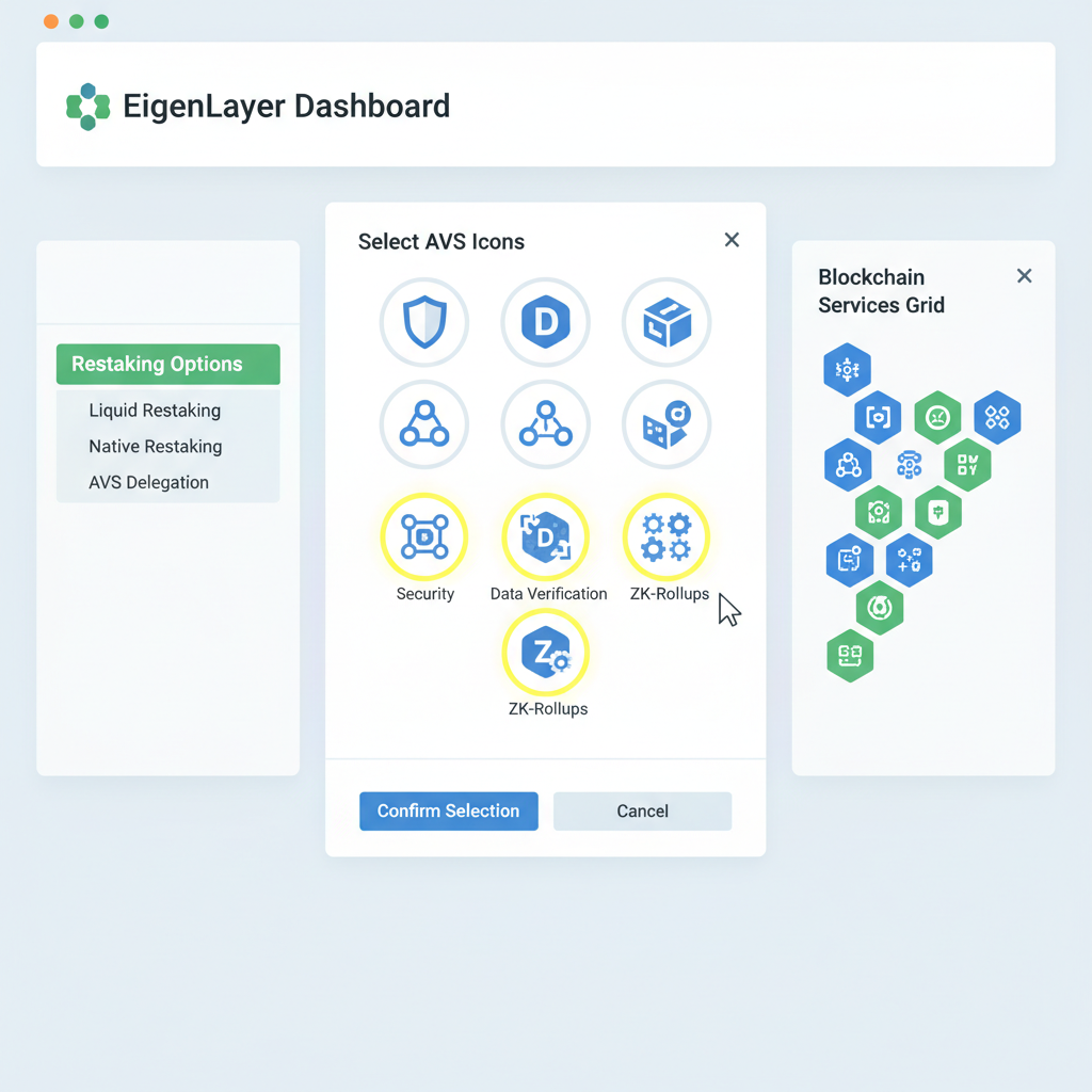 EigenLayer dashboard selecting AVS icons, restaking options highlighted, blockchain services grid