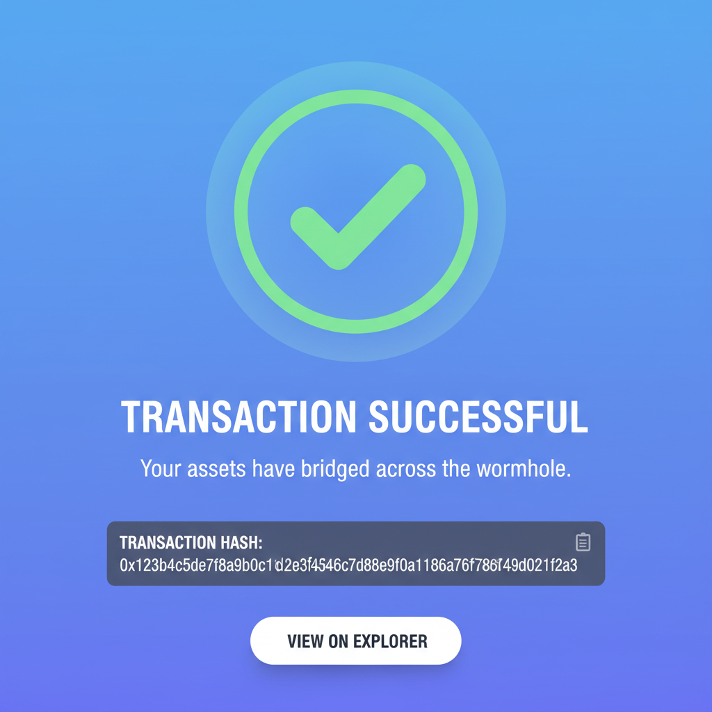 Success confirmation screen Wormhole bridge, green checkmark, transaction hash visible