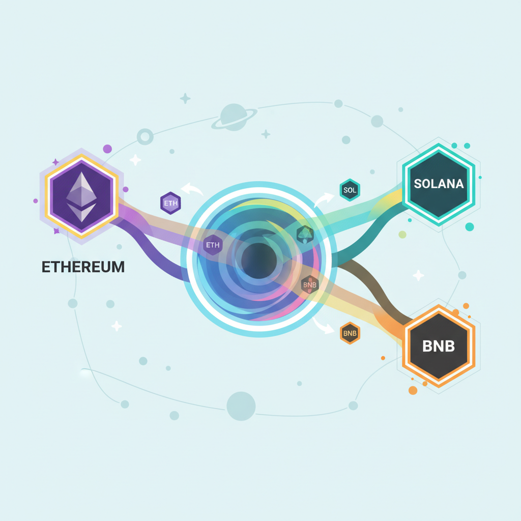 cross-chain bridge portal connecting ethereum to solana and bnb, vibrant energy beams transferring tokens, cosmic network visualization