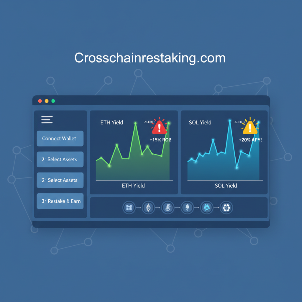 high-tech dashboard on Crosschainrestaking.com showing ETH SOL yield graphs spiking with alerts