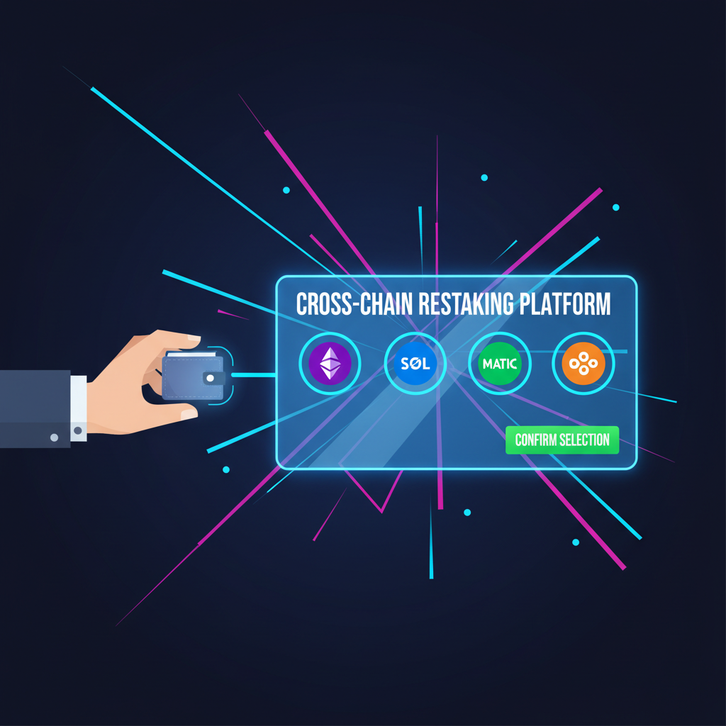 user connecting crypto wallet to cross-chain restaking platform dashboard, selecting multiple blockchains, futuristic neon UI, energetic vibe