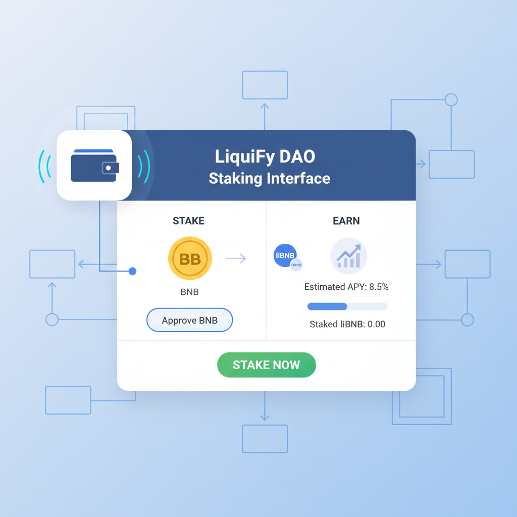 wallet connected to LiquiFy DAO staking interface staking BNB for liBNB tokens blockchain UI