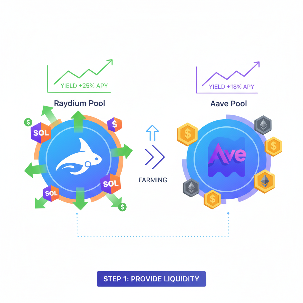 vibrant Raydium and Aave pools with rising yield charts, SOL and ETH tokens farming