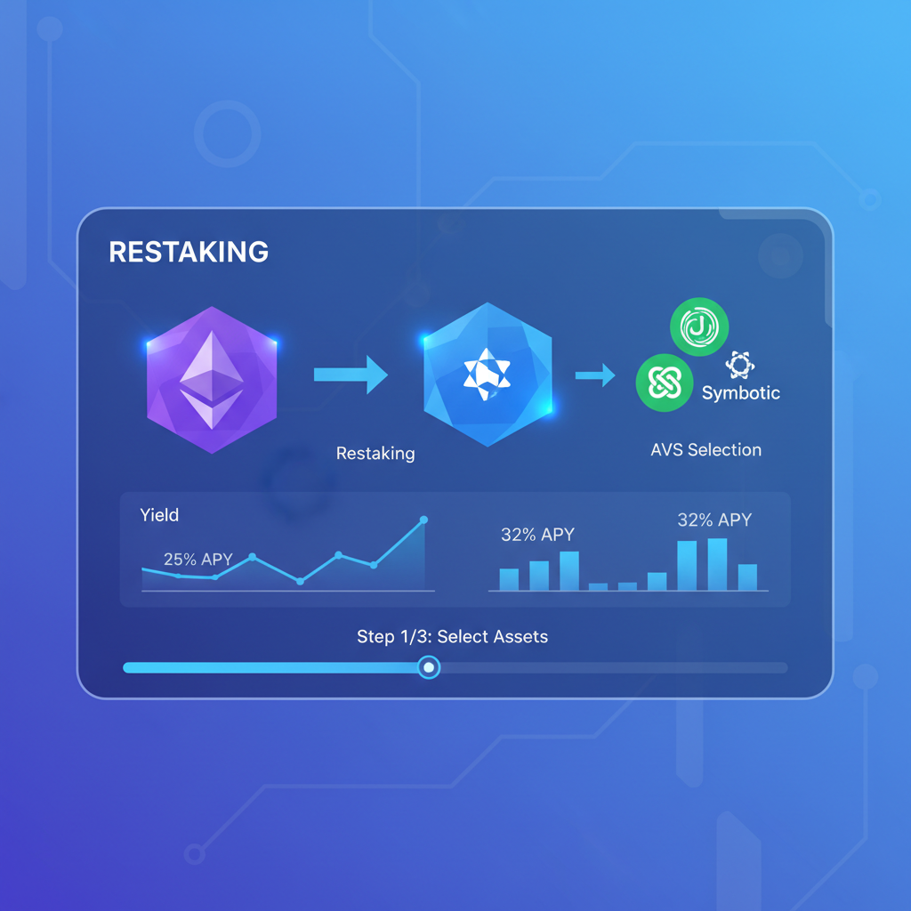 dashboard selecting ETH to Solana restaking, AVS icons like Jito and Symbiotic, yield charts showing 25-32% APY, dynamic high-tech UI