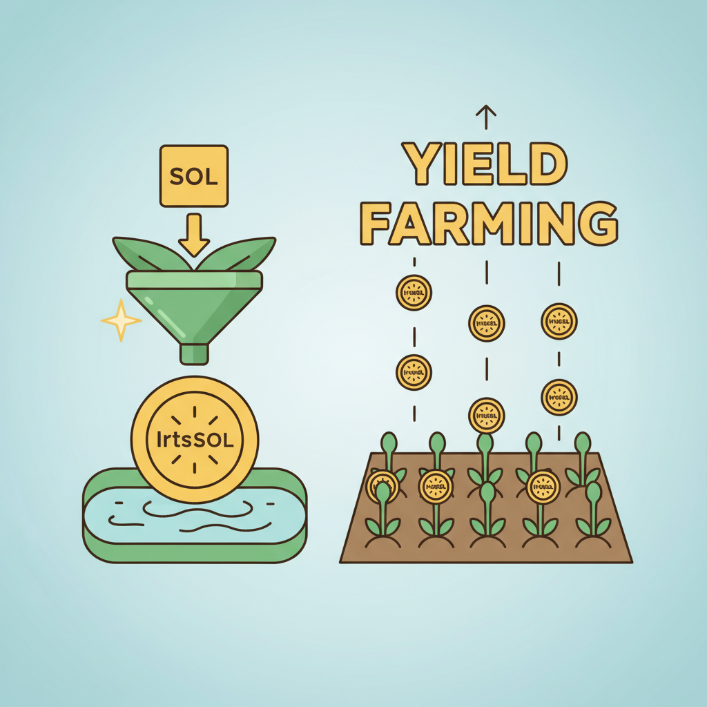 Minting lrtsSOL liquid tokens with yield farming visuals, golden tokens raining down