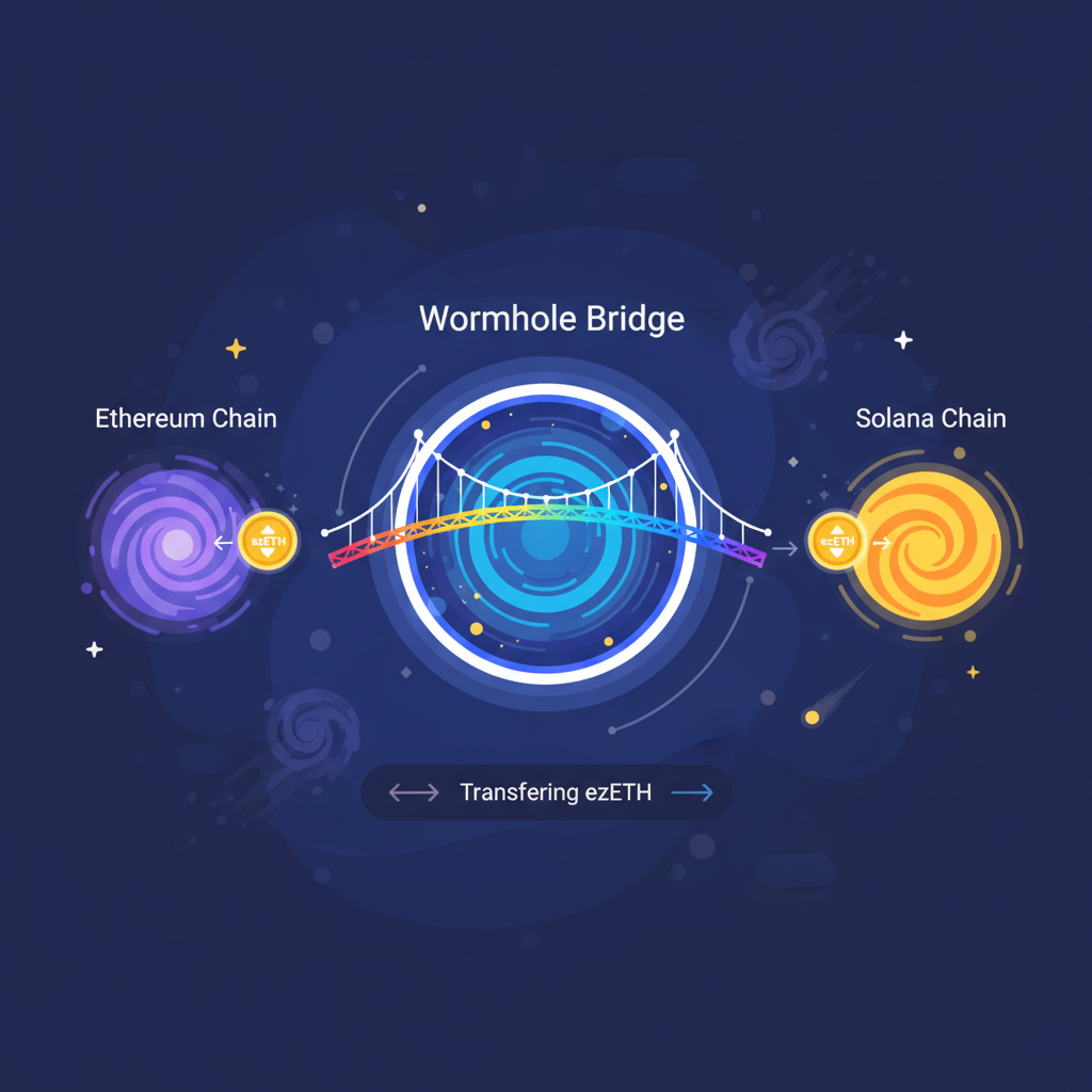 Wormhole bridge portal transferring ezETH from Ethereum to Solana chain, cosmic bridge graphic
