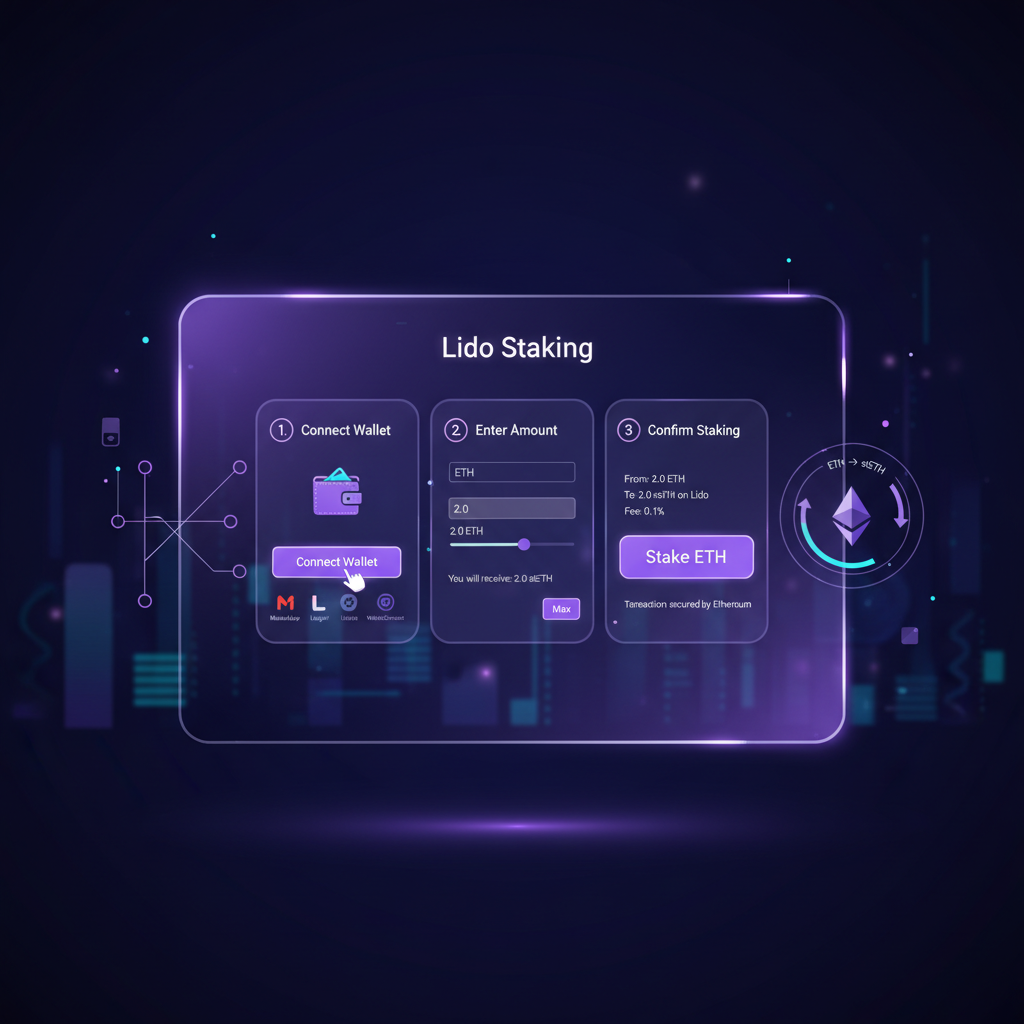 futuristic UI staking ETH for stETH on Lido dashboard, Ethereum purple glow, wallet connection