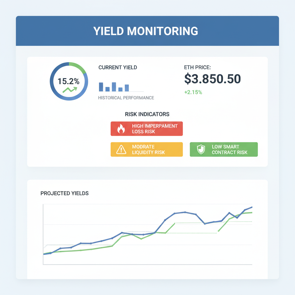 Monitoring yields dashboard with charts, risk indicators, ETH price ticker, professional analytics UI
