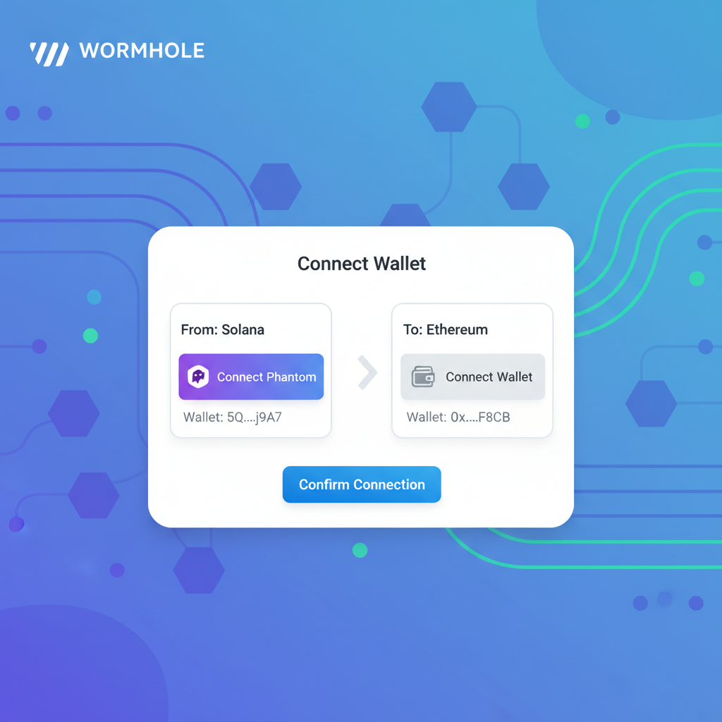 Wormhole UI showing Solana Phantom connect popup, dual wallet addresses displayed