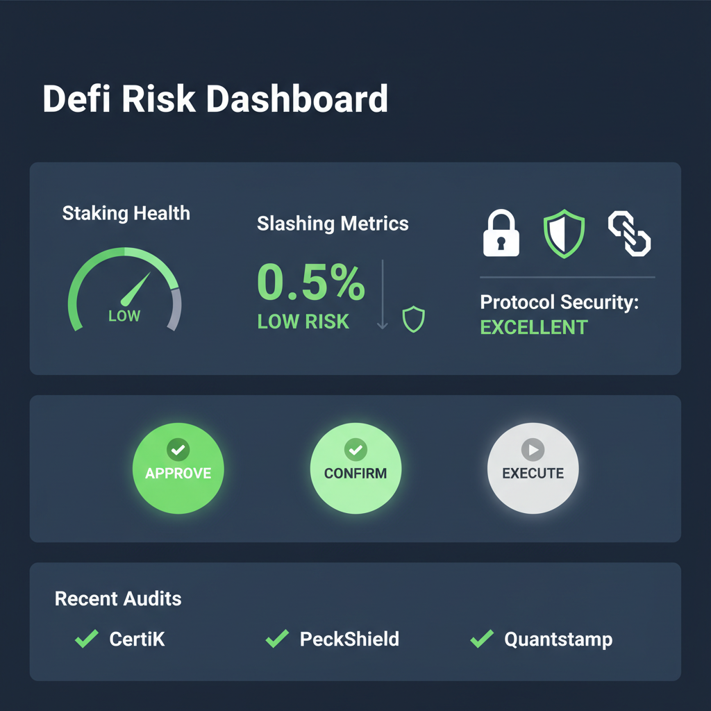 risk dashboard analysis with low slashing metrics, security icons, approval buttons, green checkmarks, professional DeFi interface
