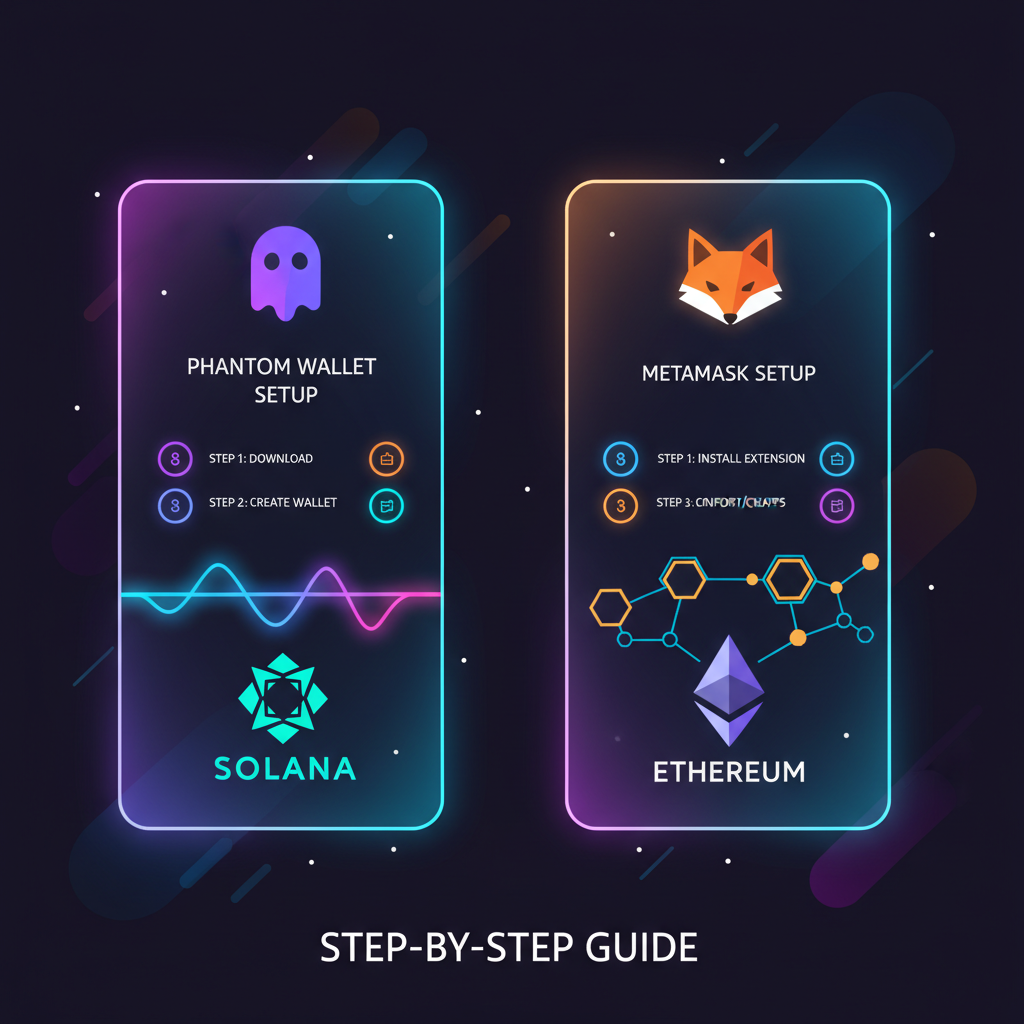 futuristic illustration of Phantom and MetaMask wallets setup on glowing screens, Ethereum and Solana logos, vibrant neon colors