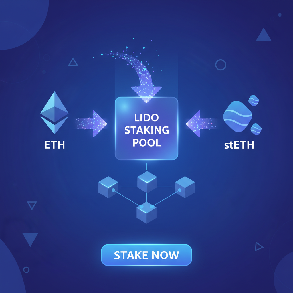 vibrant Lido staking interface with ETH converting to stETH tokens glowing on Ethereum blockchain