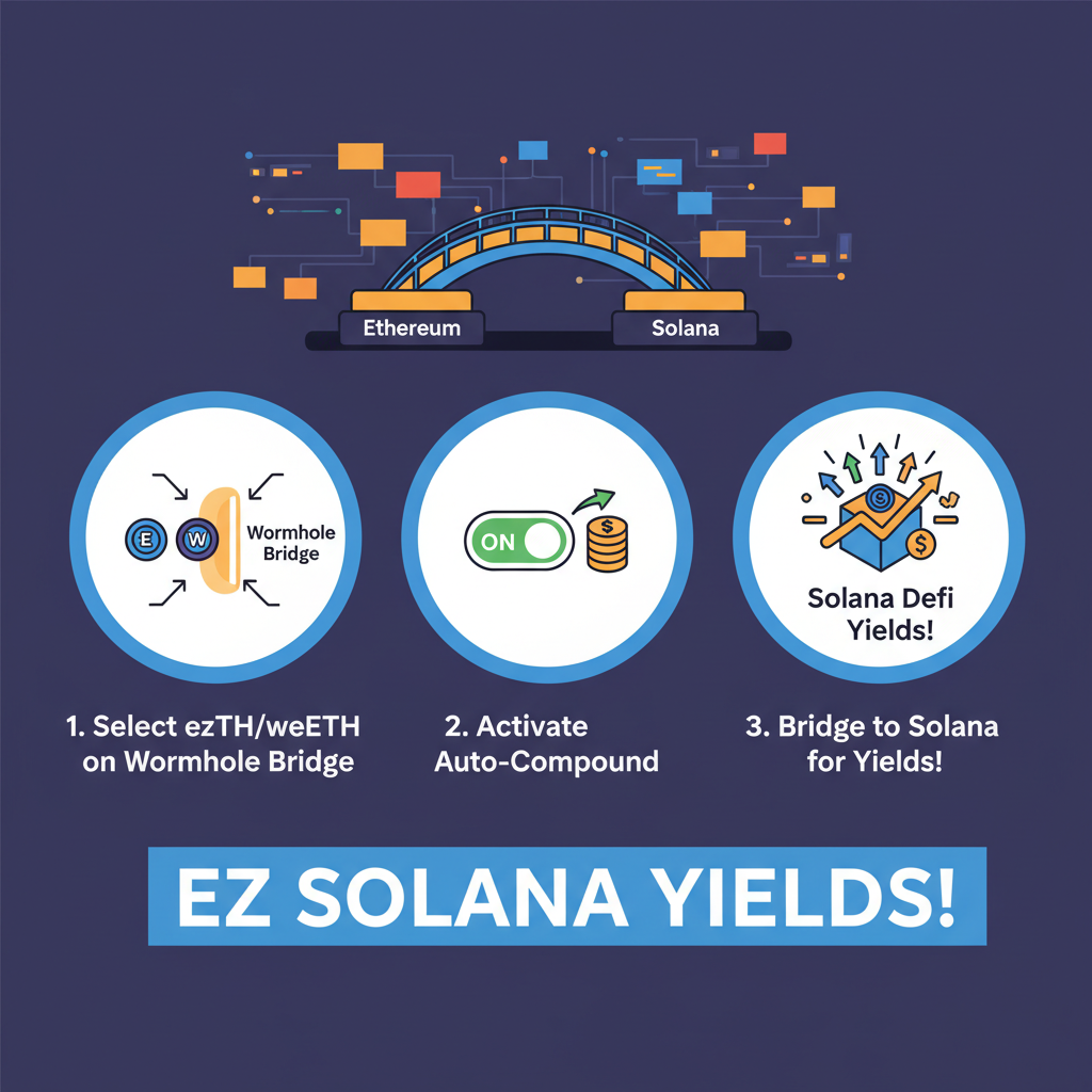 configuring LSTs ezETH weETH on bridge like Wormhole, auto-compound toggle, Solana DeFi ecosystem background, explosive yield graphics