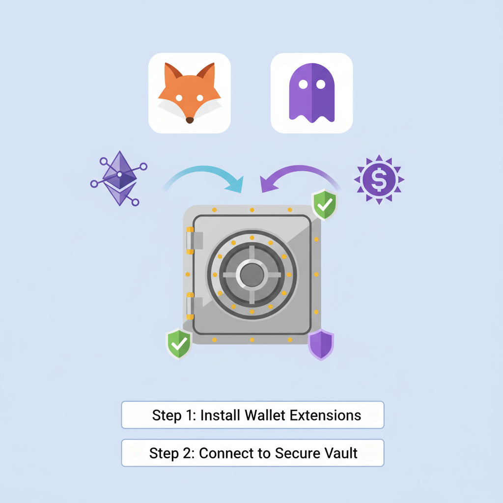 secure wallet setup with MetaMask and Phantom icons, ethereum and solana logos, safe vault background, simple illustration