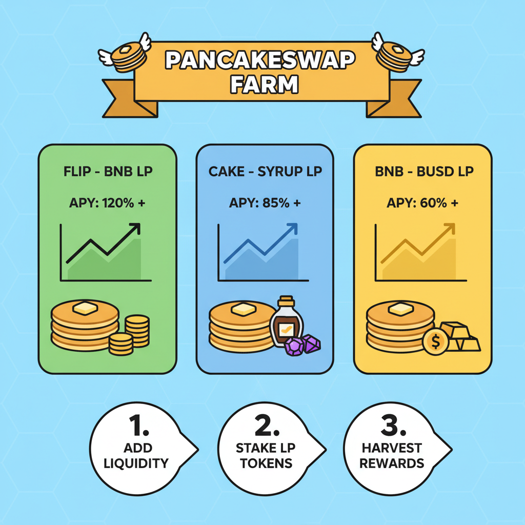 PancakeSwap BSC farm interface, liquidity pools with rising APY charts, golden pancakes stacks