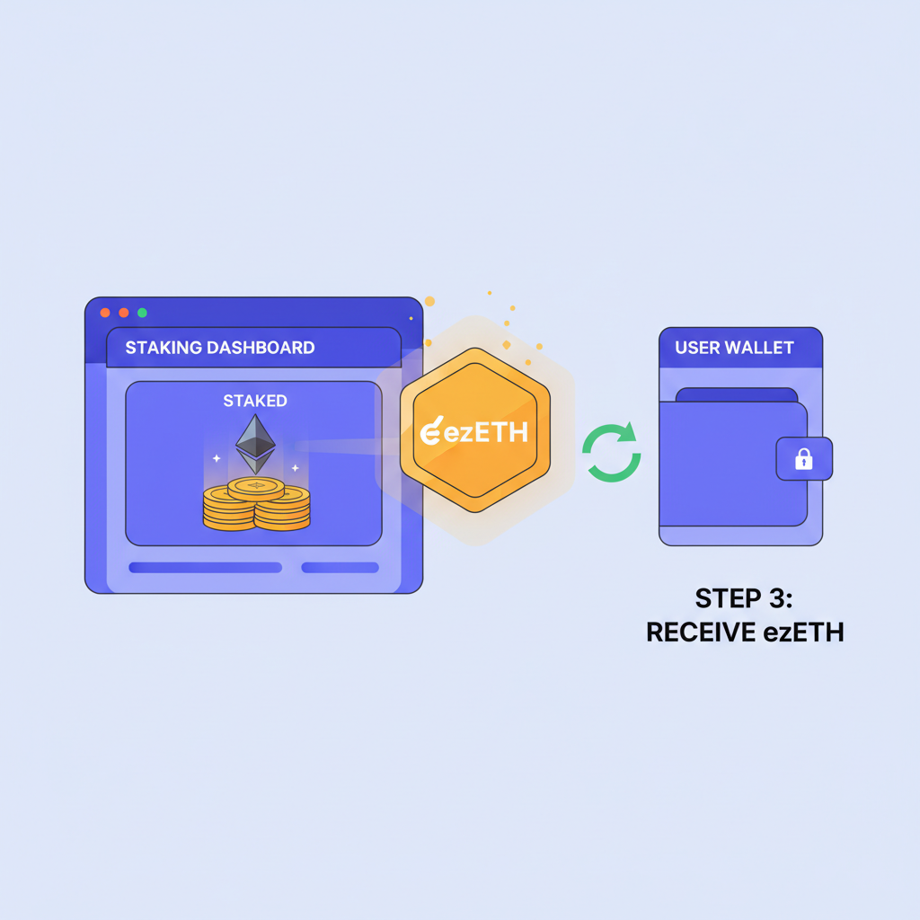 illustration of ezETH token issuance after staking, glowing token floating from staking dashboard