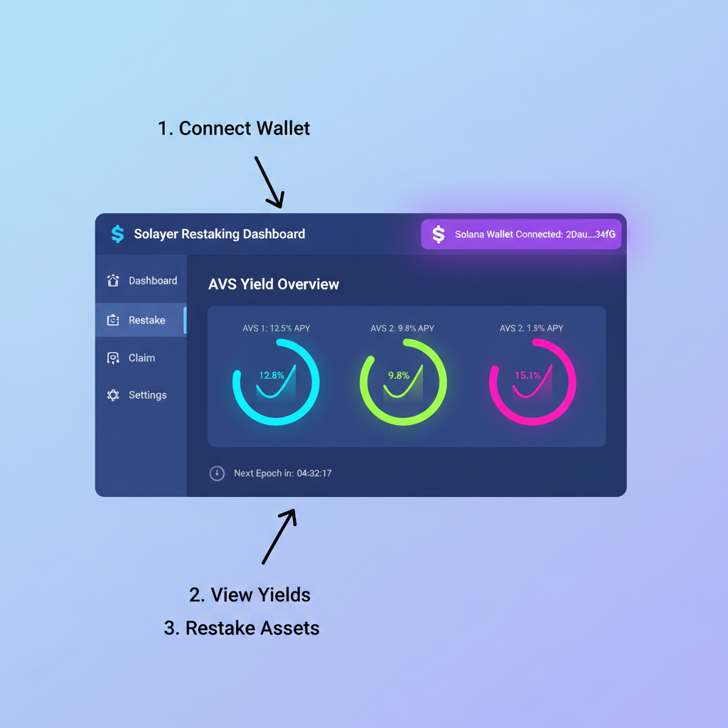 solayer restaking dashboard ui, solana wallet connected, avs yield charts glowing
