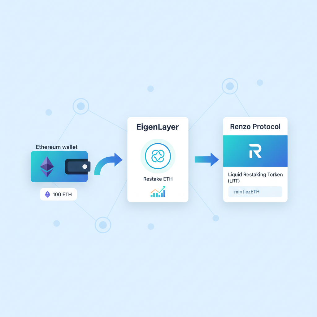 clean illustration of Ethereum wallet staking ETH into EigenLayer or Renzo interface, blue tones, professional UI
