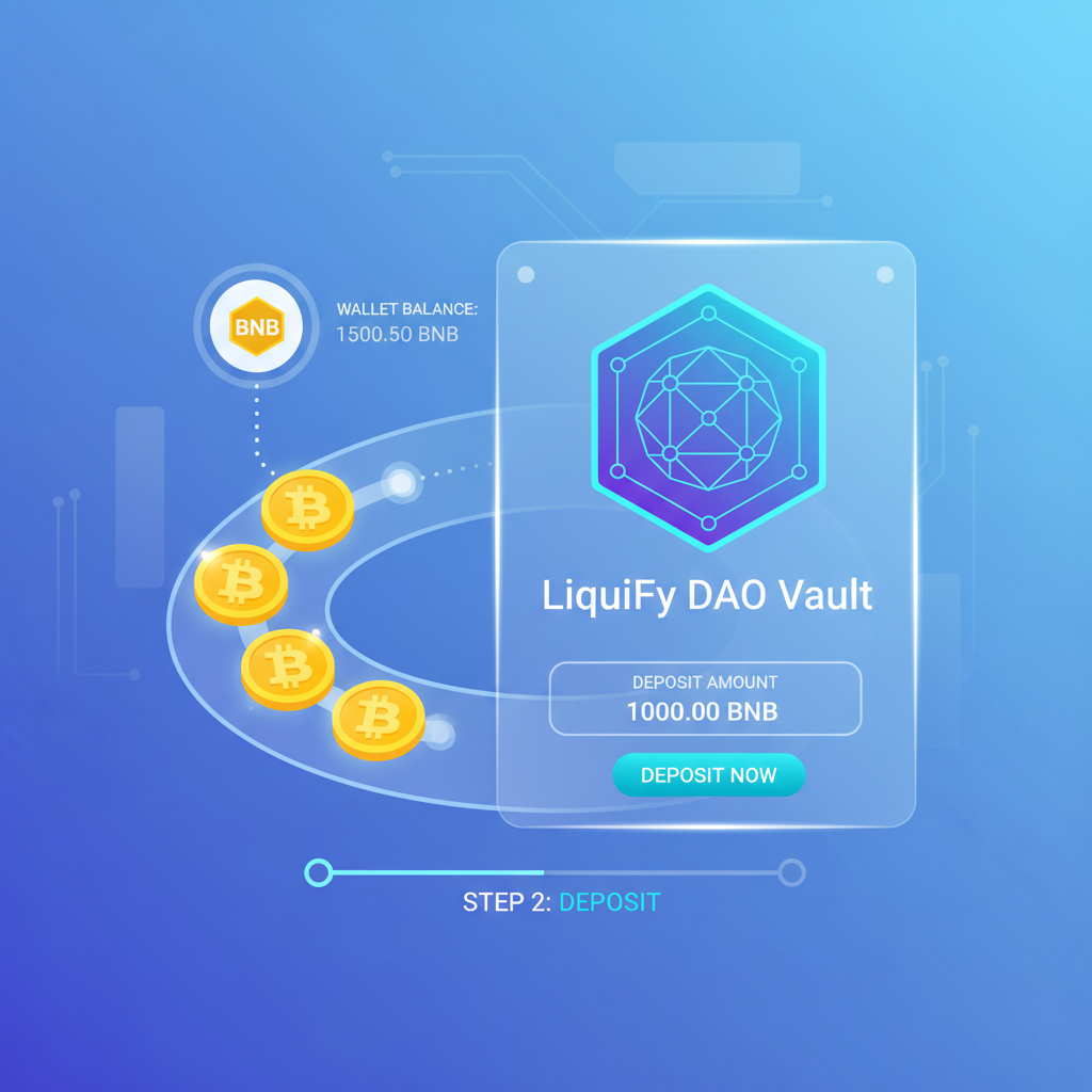 sleek DeFi interface depositing glowing BNB coins into LiquiFy DAO vault, futuristic UI