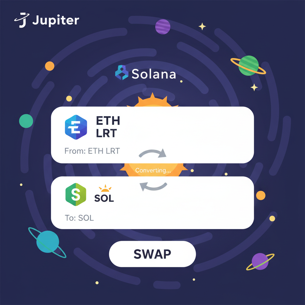 Jupiter DEX swap interface with tokens converting ETH LRT to SOL amid swirling Solana planets