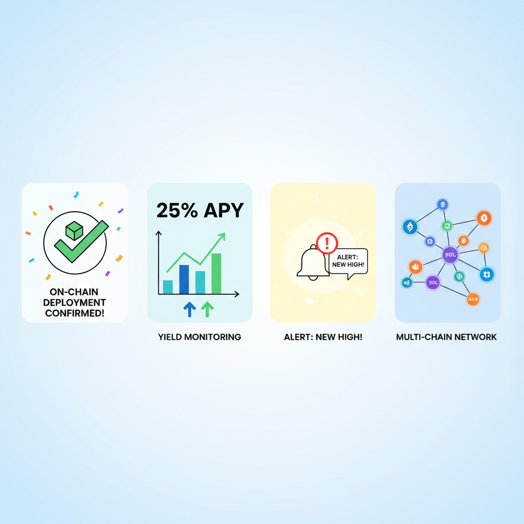 on-chain deployment confirmation, yield monitoring charts at 25% APY, alert notifications, multi-chain network visualization, triumphant style