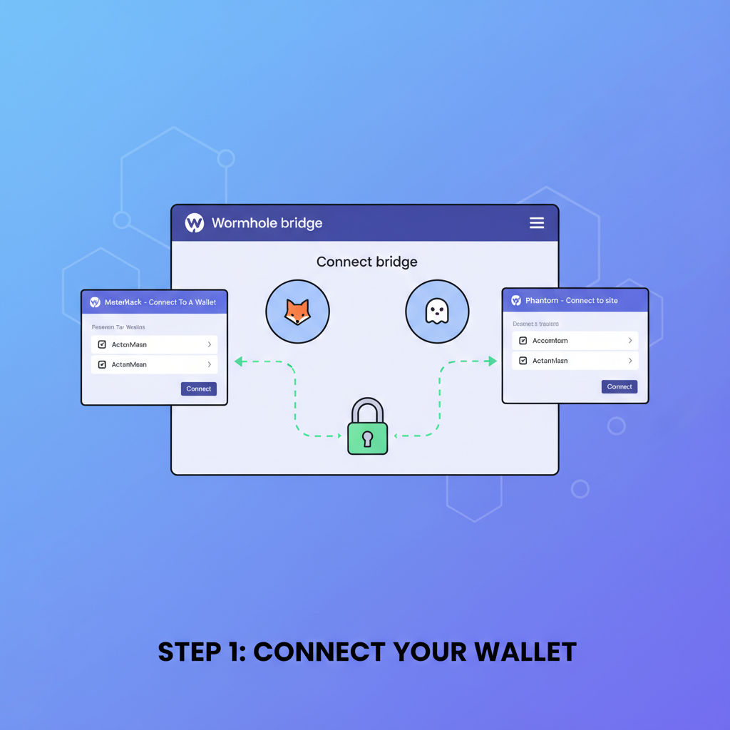Wallet connection buttons on Wormhole bridge, MetaMask and Phantom popups, secure link animation