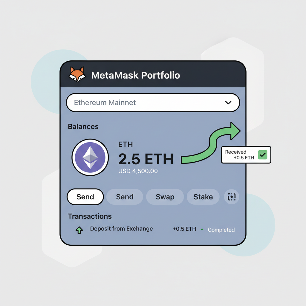 MetaMask wallet showing ETH balance deposit, green transaction arrow, modern DeFi interface