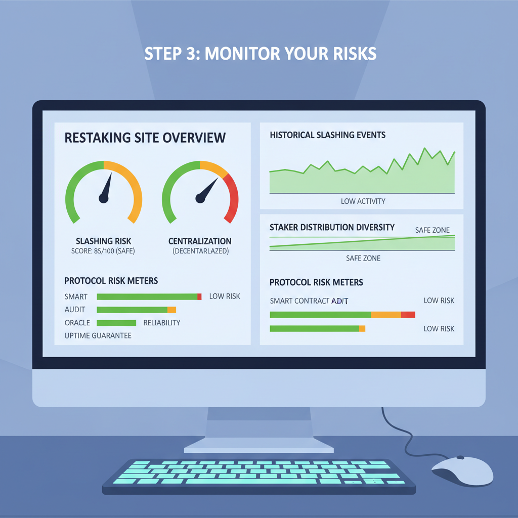dashboard reviewing slashing and centralization scores on restaking site, risk meters and graphs, green safe zones, high-tech interface
