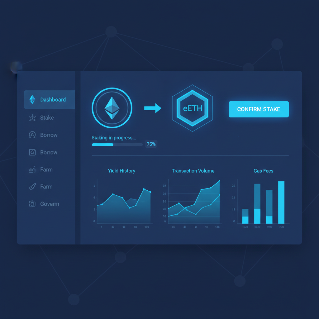 Ethereum DeFi dashboard staking ETH to glowing eETH token, neon blue hues, technical charts